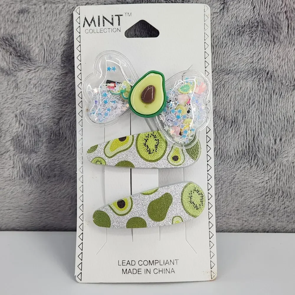 3 pc Avocado Theme Hair Accessories Glittery Bow with Avocado Charm & Snap Clips